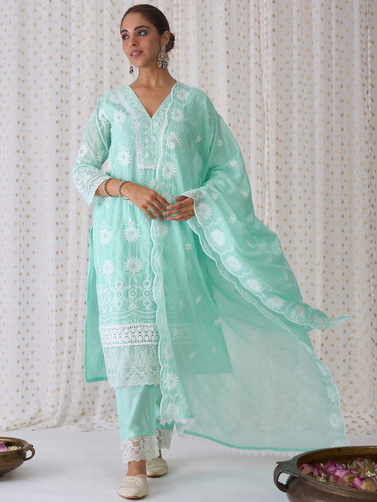 Indo Era Sea Green Embroidered Straight Kurta Trousers set