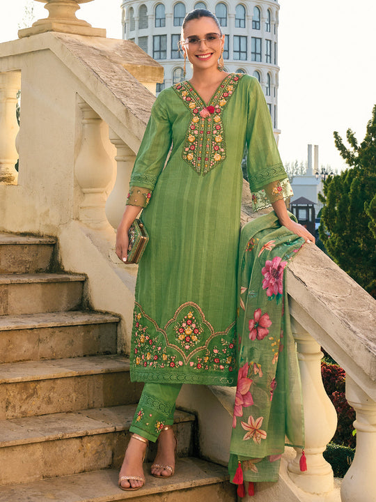 Indo Era Green Embroidered Straight Kurta Trousers With Dupatta set