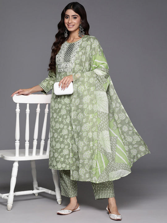 Indo Era Green Embroidered Straight Kurta Trousers With Dupatta Set