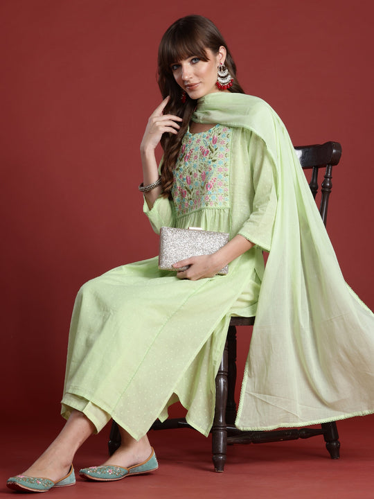 Green Pure Cotton A-Line Kurta Trousers With Dupatta