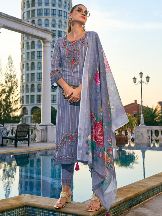 Indo Era Grey Embroidered Straight Kurta Trousers With Dupatta set