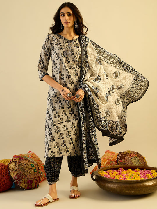 Indo Era Grey Printed Straight Kurta Trousers With Dupatta set