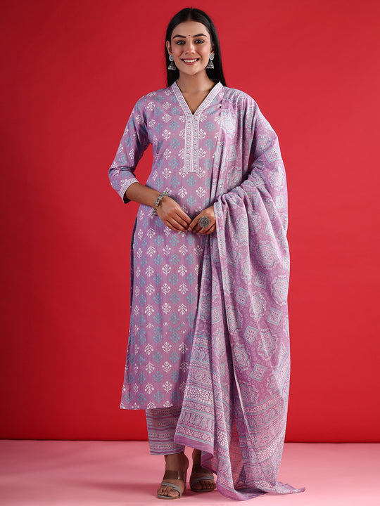 Indo Era Lavender Printed Straight Kurta Trousers With Dupatta set