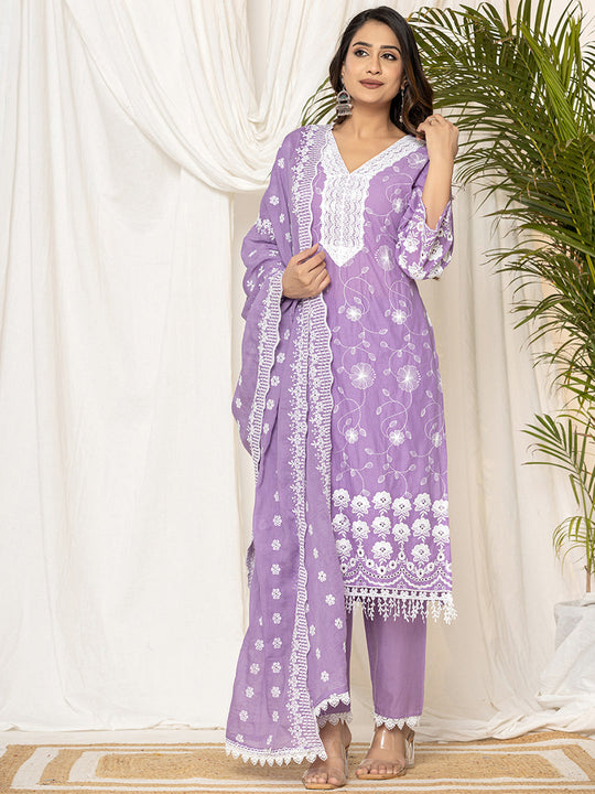 Indo Era Lavender Embroidered Straight Kurta Trousers set