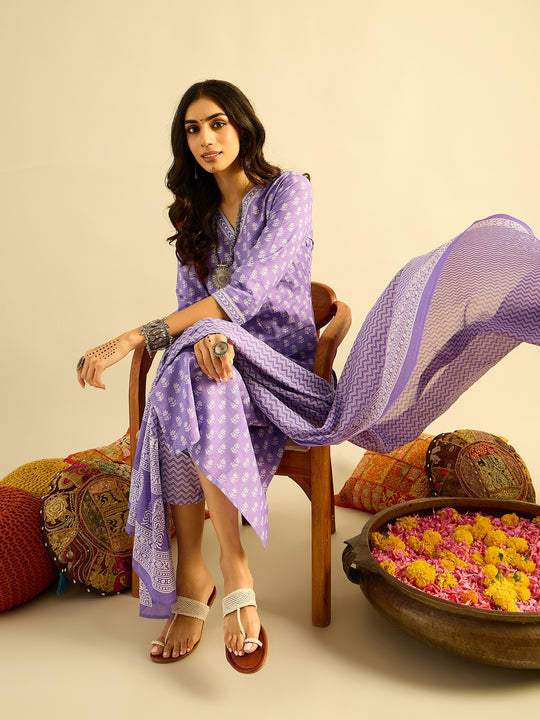 Indo Era Lavender Printed Straight Kurta Trousers With Dupatta set