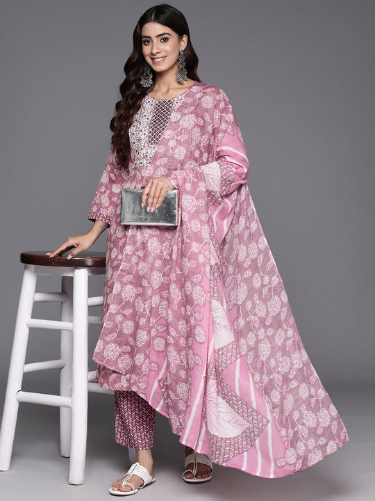 Indo Era Lavender Embroidered Straight Kurta Trousers With Dupatta Set