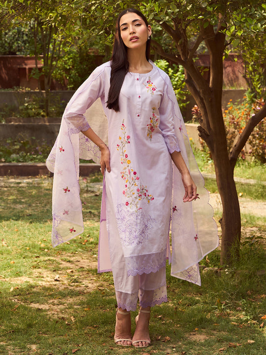Indo Era Lavender Embroidered Straight Kurta Trousers With Dupatta set