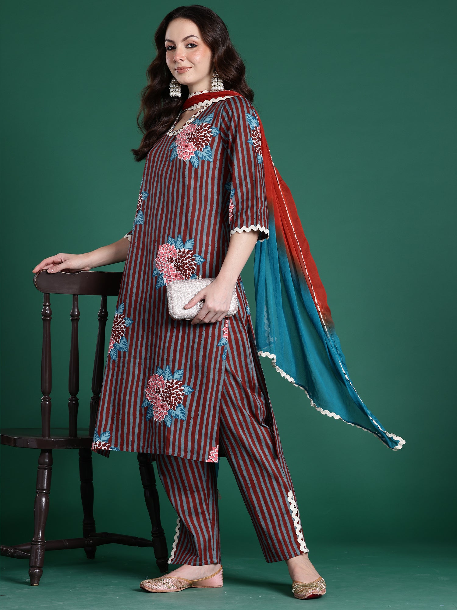 Indo Era Multi Printed Straight Kurta Trousers With Dupatta Set