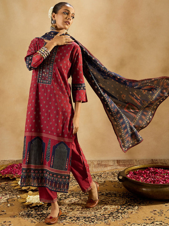 Indo Era Maroon Printed Straight Kurta Trousers With Dupatta set