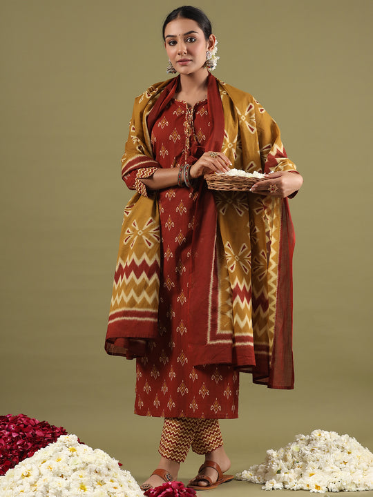 Indo Era Maroon Printed Straight Kurta Trousers With Dupatta set