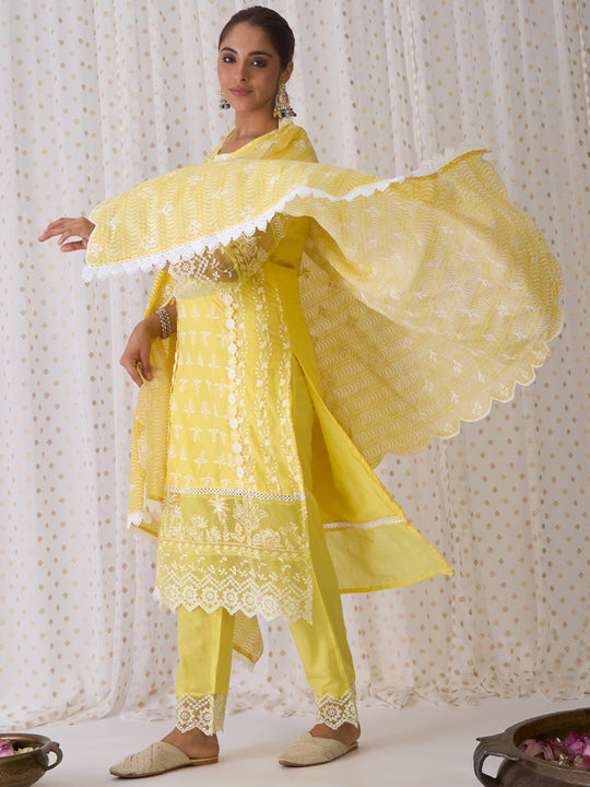 Indo Era Mustard Embroidered Straight Kurta Trousers set