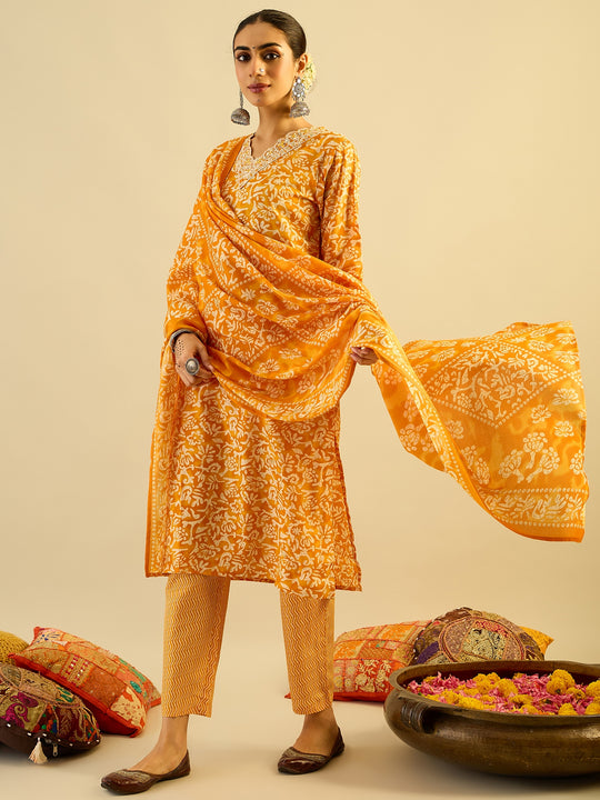 Indo Era Mustard Printed Straight Kurta Trousers With Dupatta set