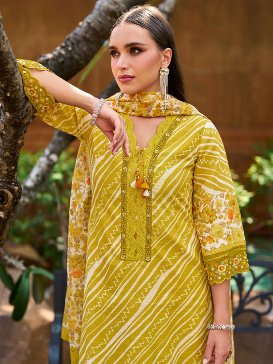 Indo Era Mustard Printed Straight Kurta Trousers With Dupatta set