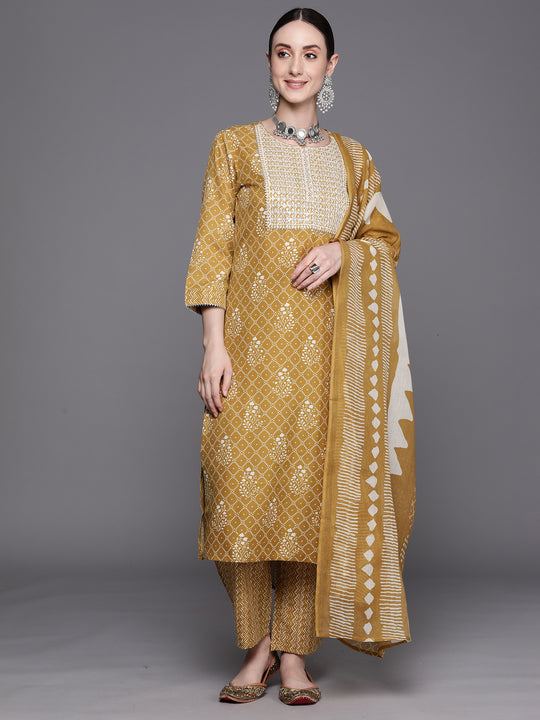 Indo Era Mustard Printed Straight Kurta Trousers With Dupatta Set