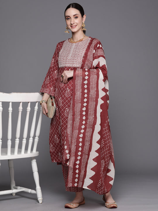 Indo Era Mauve Printed Straight Kurta Trousers With Dupatta Set