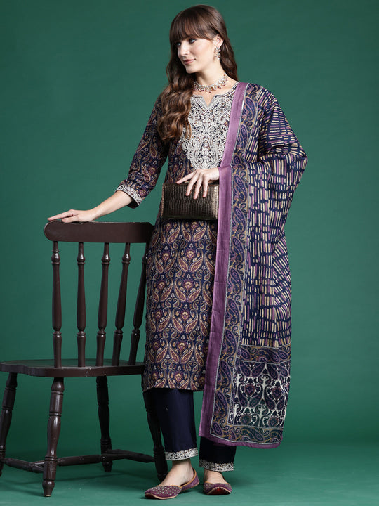 Indo Era Navy Blue Printed Straight Kurta Trousers With Dupatta set