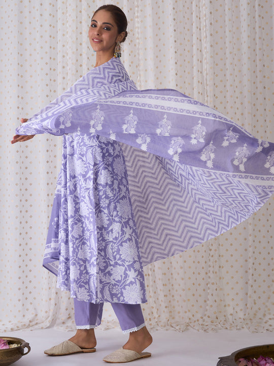 Indo Era Lavender Printed A-Line Kurta Trousers With Dupatta set
