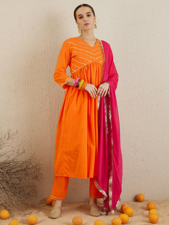 Indo Era Orange Solid A-Line Kurta Trousers With Dupatta set