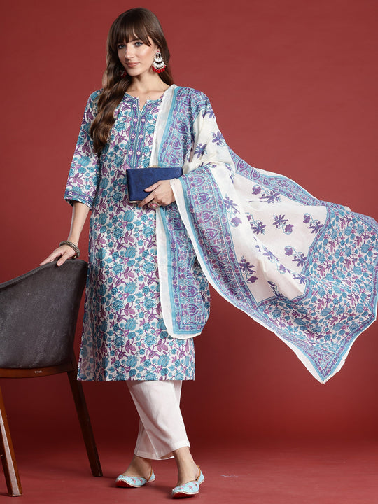 Off White Printed Straight Kurta Trousers With Dupatta