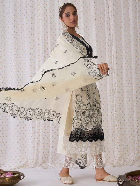 Indo Era Off White Embroidered Straight Kurta Trousers With Dupatta set