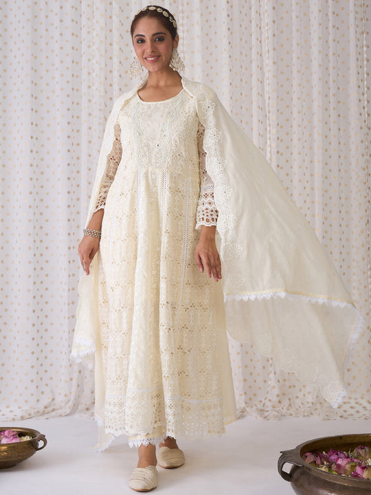 Off White Embroidered Anarkali Kurta Trousers With Dupatta