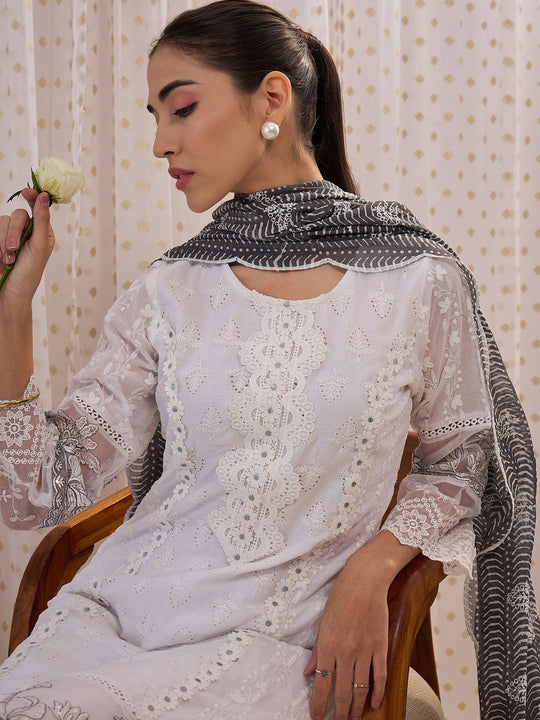 Indo Era White Embroidered Straight Kurta Trousers With Dupatta set