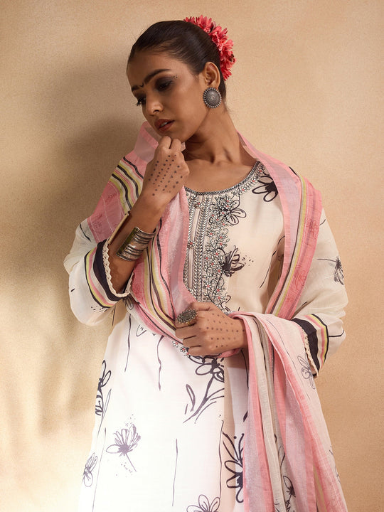 Indo Era Off White Embroidered Straight Kurta Trousers With Dupatta set
