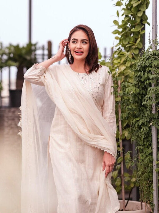 Indo Era Off White Floral Embroidered Mirror Work Pure Cotton Kurta with Trousers & With Dupatta