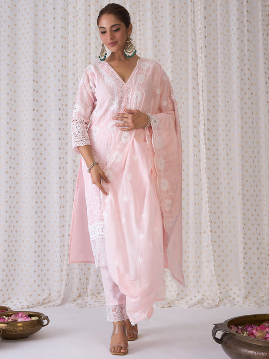 Indo Era Peach Embroidered Straight Kurta Trousers set
