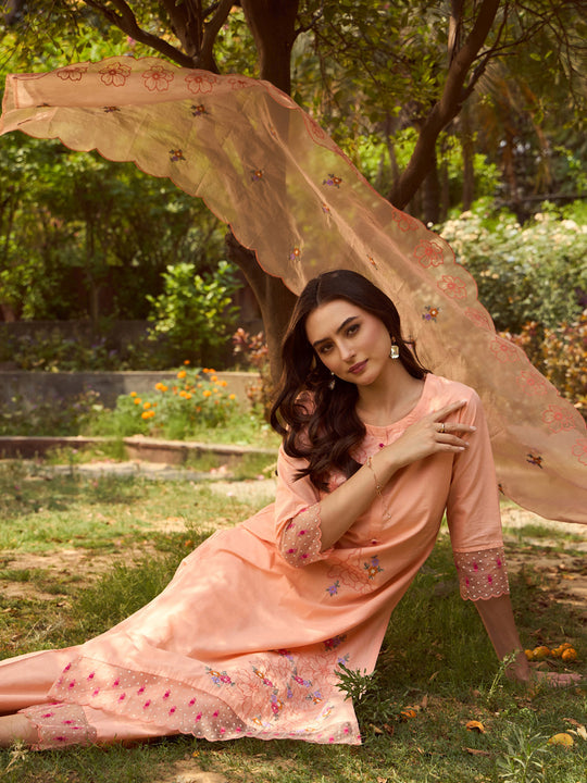 Indo Era Peach Embroidered Straight Kurta Trousers With Dupatta set