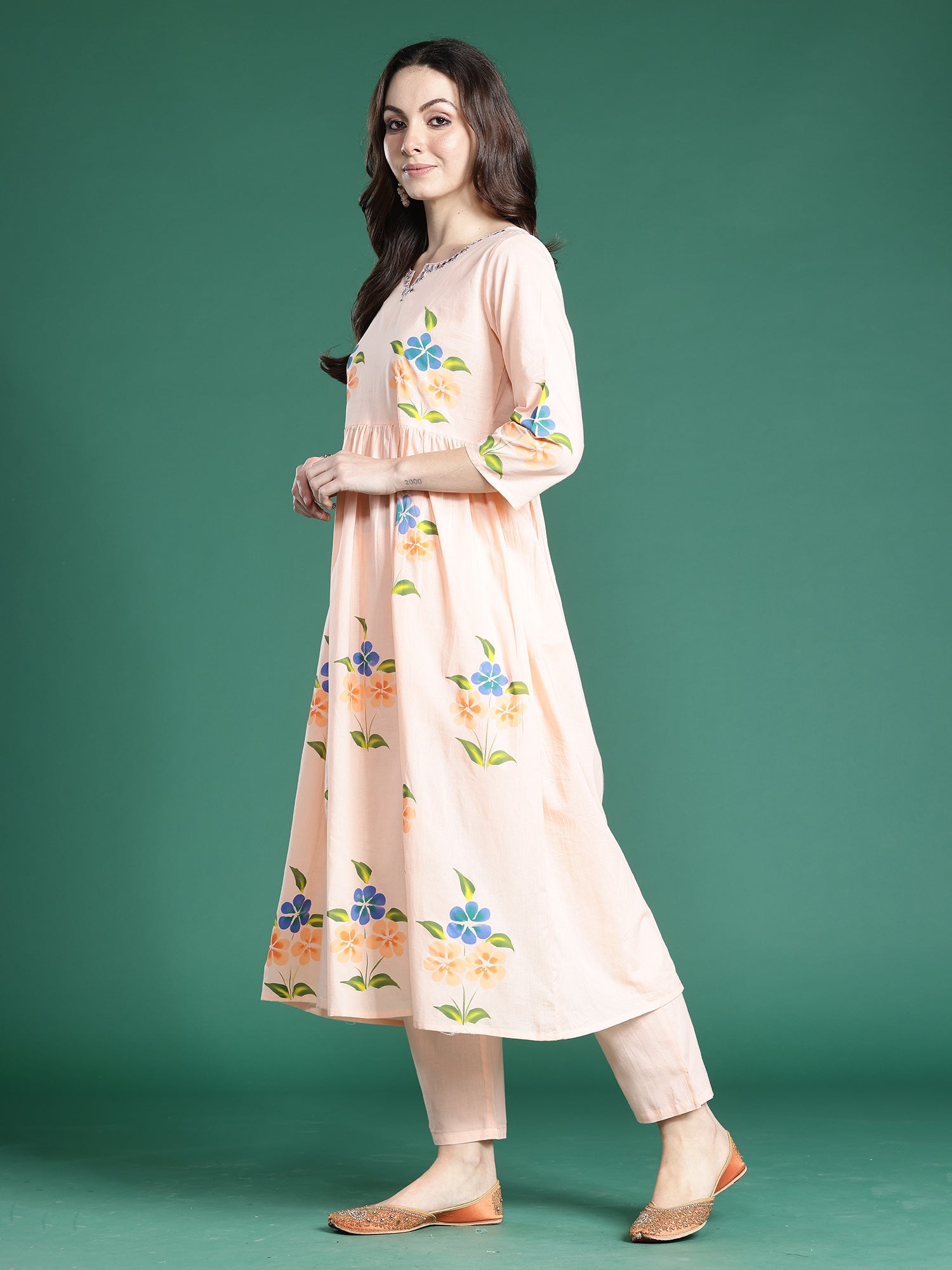 indo era, suit, kurta set for women, indo era kurta, kurta sets for ladies, summer dresses for women, 3 piece suit, cotton kurta set for women, new arrivals, women kurti plazo set, women in suit, kurta suit, floral kurta, short suit, spring summer, Peach suit