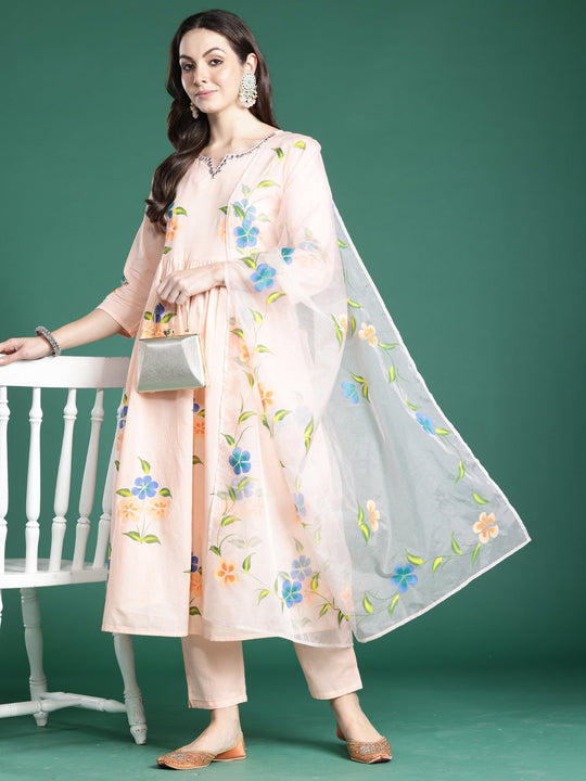 Peach Embroidered A-Line Pure Cotton Kurta Set With Dupatta