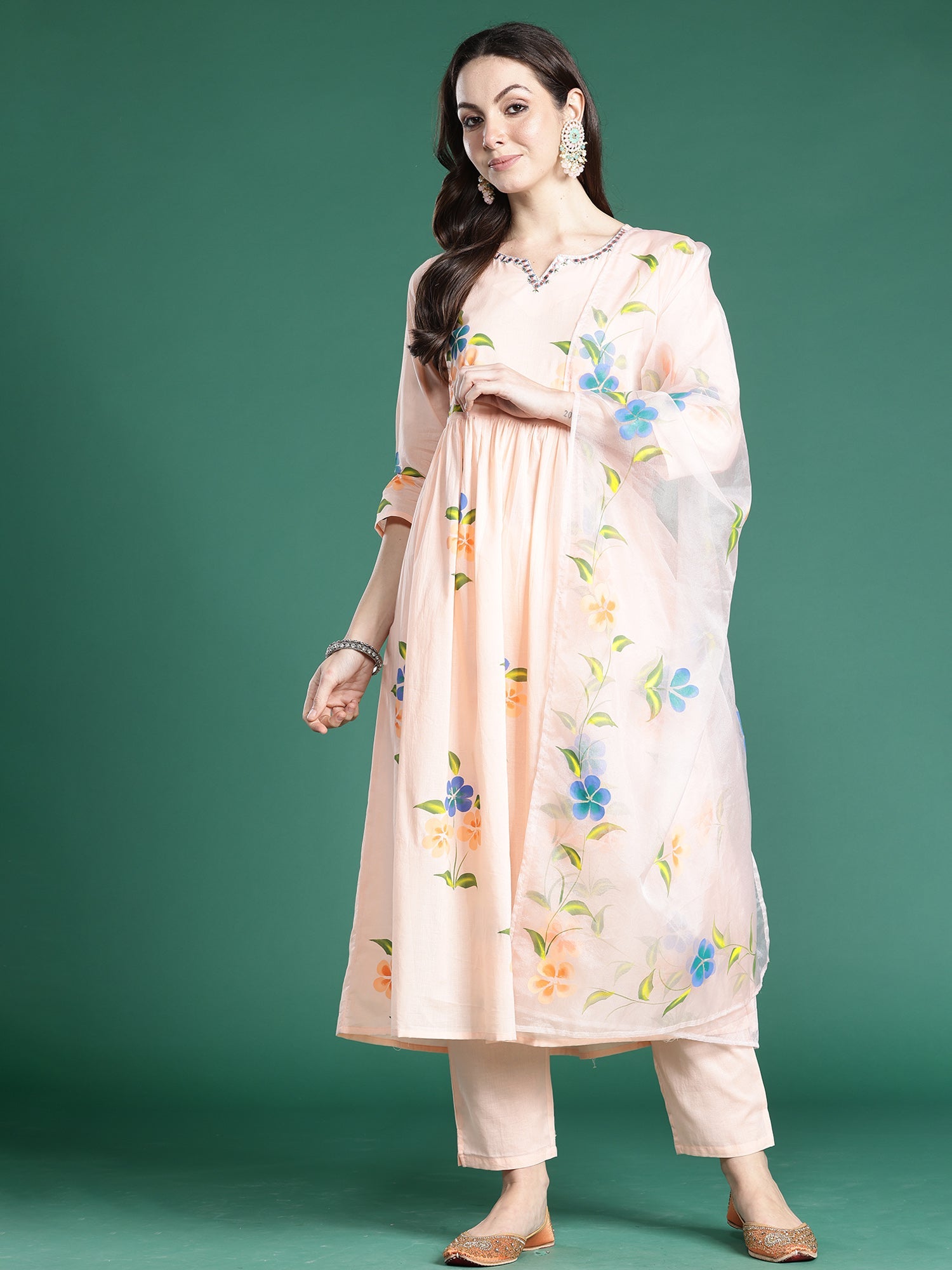 indo era, suit, kurta set for women, indo era kurta, kurta sets for ladies, summer dresses for women, 3 piece suit, cotton kurta set for women, new arrivals, women kurti plazo set, women in suit, kurta suit, floral kurta, short suit, spring summer, Peach suit