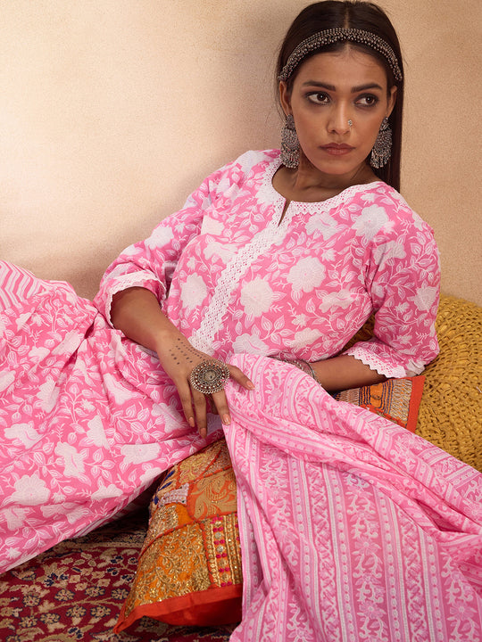 Indo Era Pink Printed Straight Kurta Trousers With Dupatta set