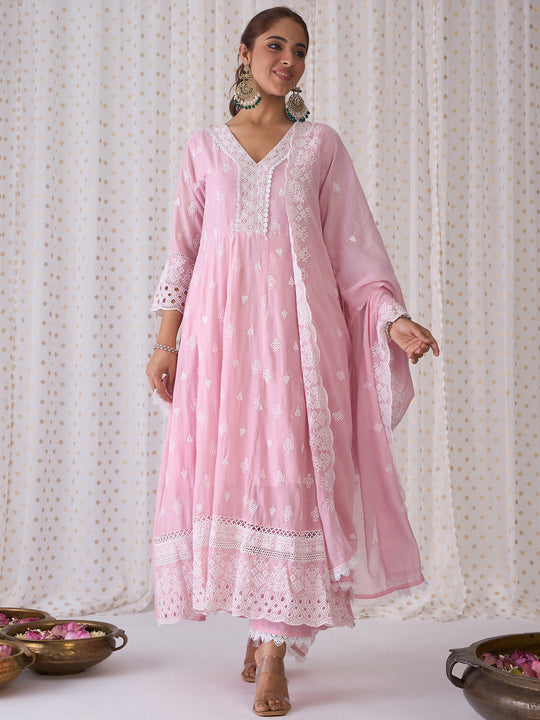 Indo Era Pink Embroidered Anarkali Kurta Trousers set