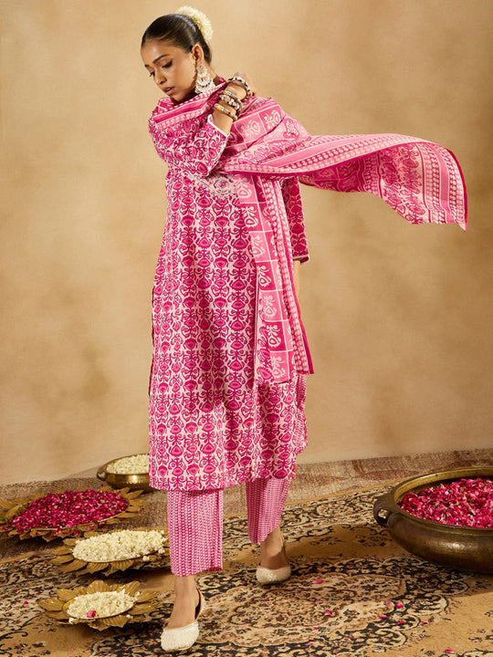 Indo Era Pink Printed Straight Kurta Trousers With Dupatta set