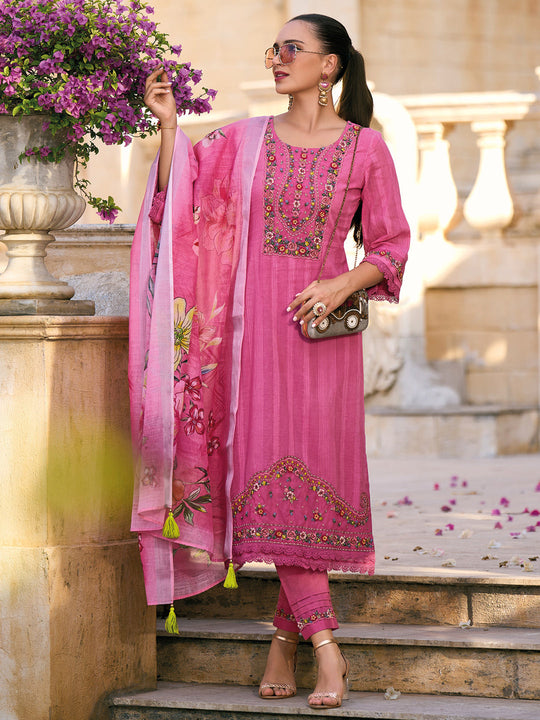 Pink Embroidered Straight Kurta Trousers With Dupatta