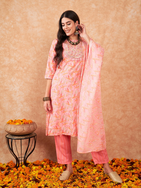 Indo Era Pink Embroidered Straight Kurta Trousers With Dupatta Set