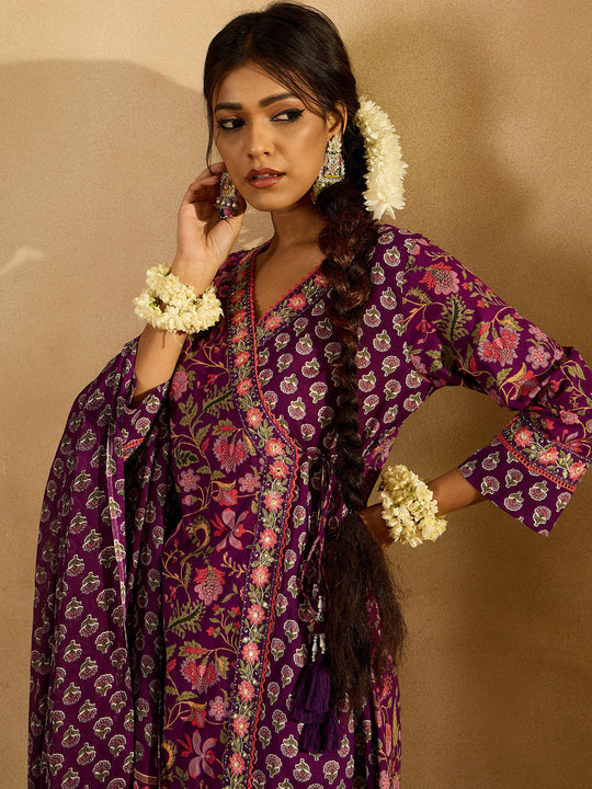 Indo Era Purple Printed A-Line Kurta Trousers With Dupatta set