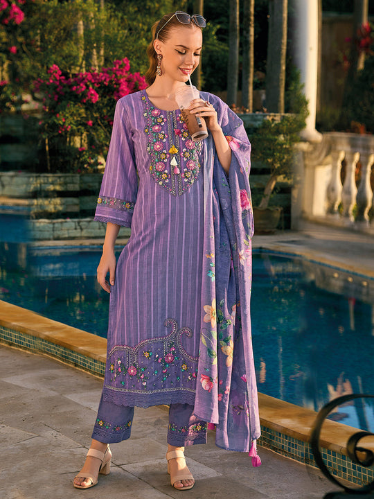 Indo Era Purple Embroidered Straight Kurta Trousers With Dupatta set