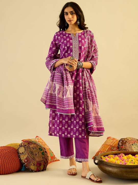 Indo Era Purple Printed Straight Kurta Trousers With Dupatta set