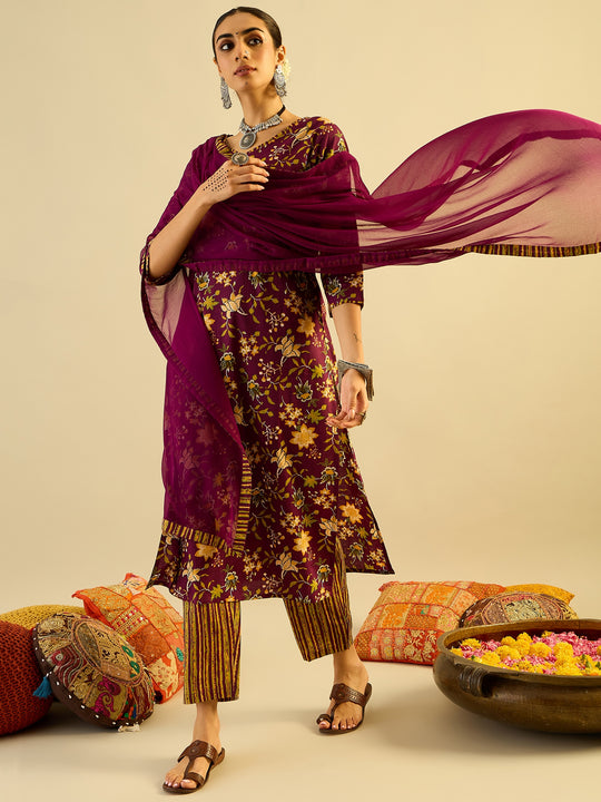 Indo Era Purple Printed Straight Kurta Trousers With Dupatta set