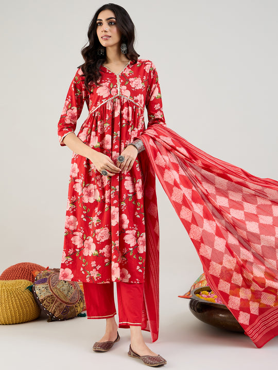 Indo Era Red Printed A-Line Kurta Trousers With Dupatta set