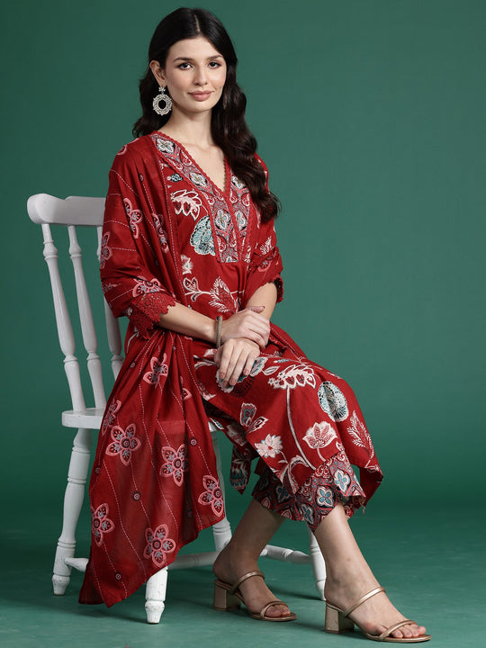Indo Era Red Printed Straight Kurta Trousers With Dupatta Set