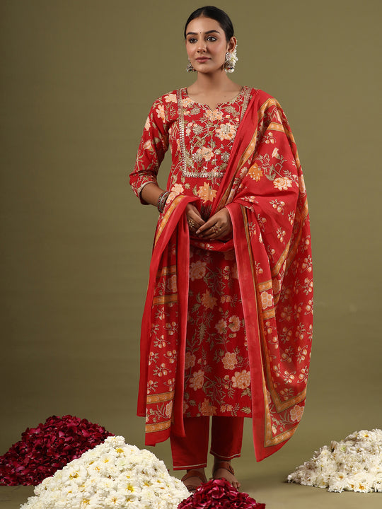 Indo Era Red Printed Straight Kurta Trousers With Dupatta set