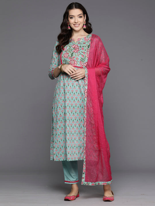 Indo Era Sea Green Printed Straight Kurta Trousers With Dupatta Set