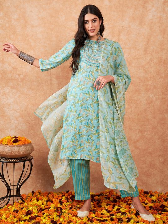 Indo Era Sea Green Embroidered Straight Kurta Trousers With Dupatta Set