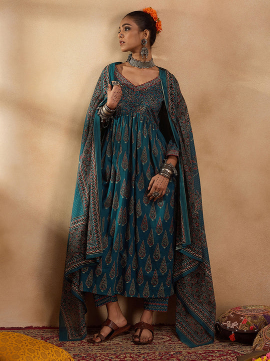 Indo Era Teal Printed A-Line Kurta Trousers With Dupatta set