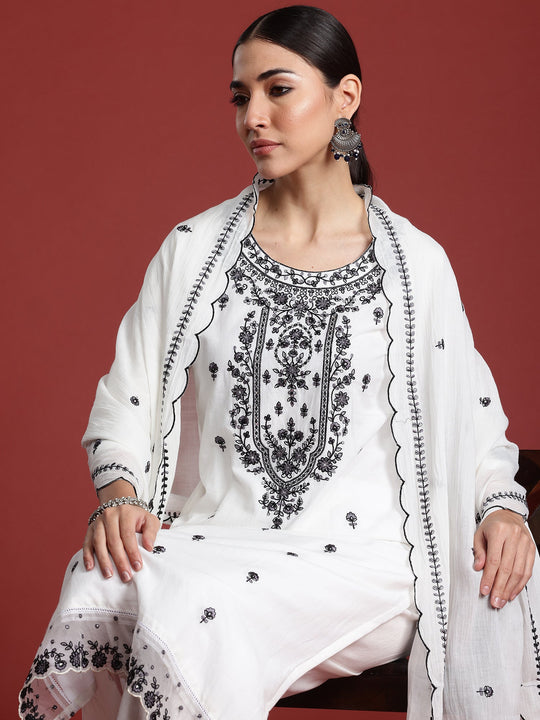 Indo Era White Embroidered Straight Kurta Trousers With Dupatta Set
