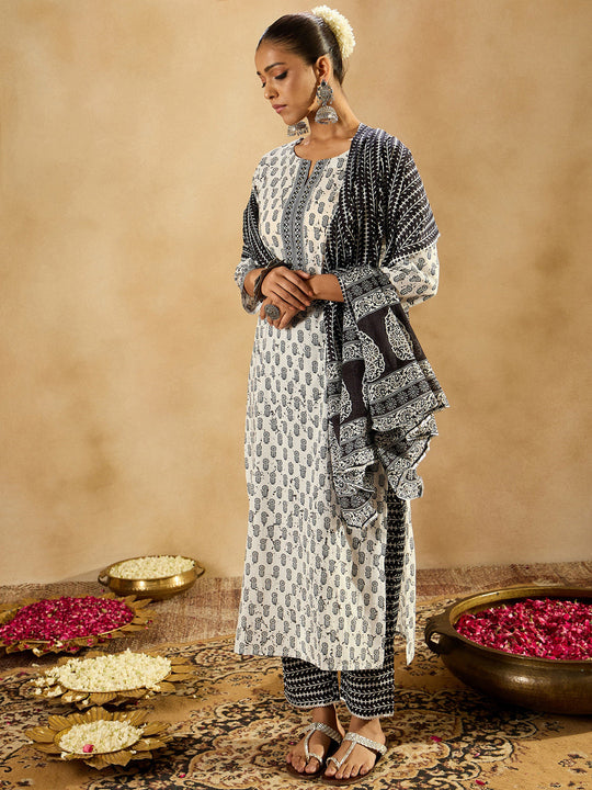 Indo Era White Printed Straight Kurta Palazzos With Dupatta set
